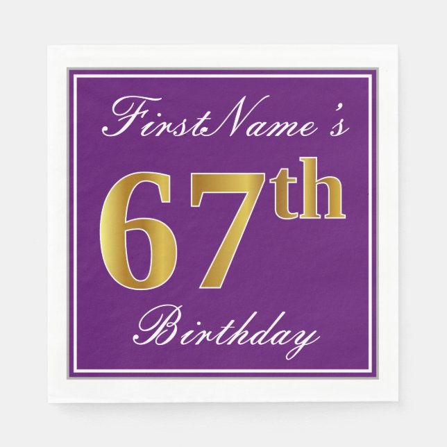 Serviette Jetable Élégant violet, Faux Or 67ème anniversaire + Nom (Devant)