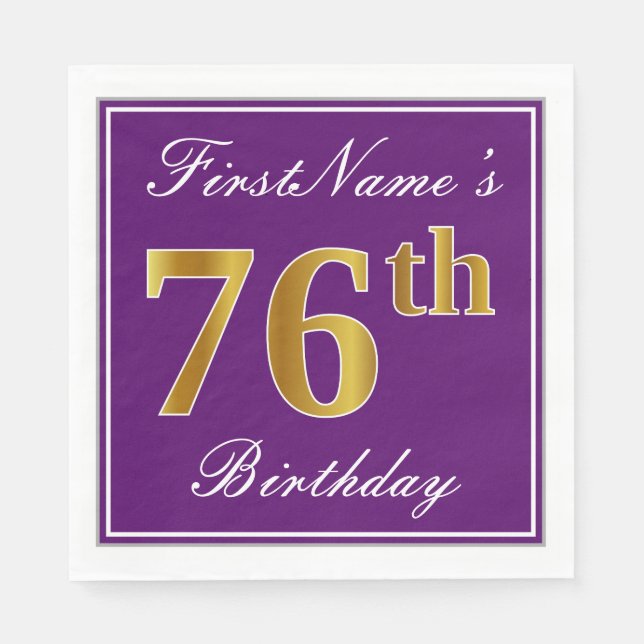 Serviette Jetable Élégant violet, Faux Or 76ème anniversaire + Nom (Devant)