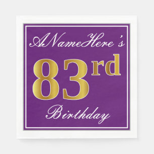 Serviette Jetable Elégant violet, Faux Or 83ème anniversaire + Nom