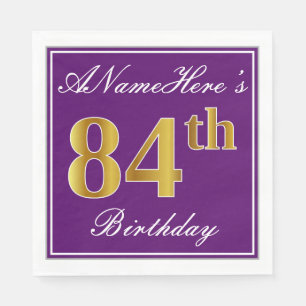 Serviette Jetable Elégant violet, Faux Or 84ème anniversaire + Nom