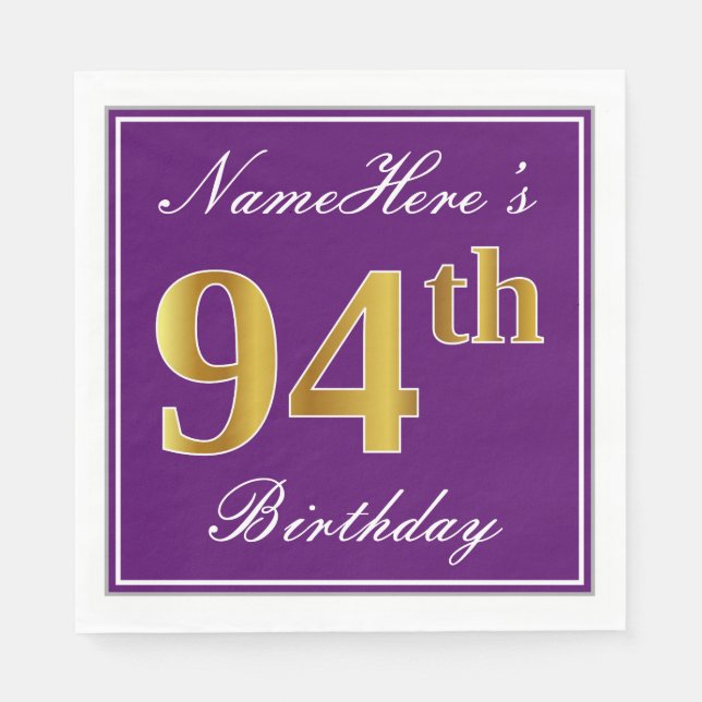 Serviette Jetable Elégant violet, Faux Or 94ème anniversaire + Nom (Devant)
