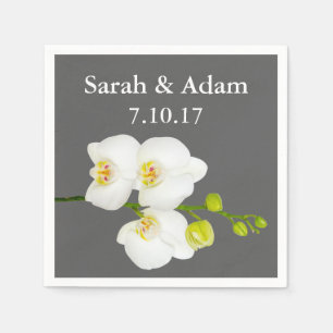 Serviette Jetable Elégante Orchidées Blanches et Mariage gris moyen