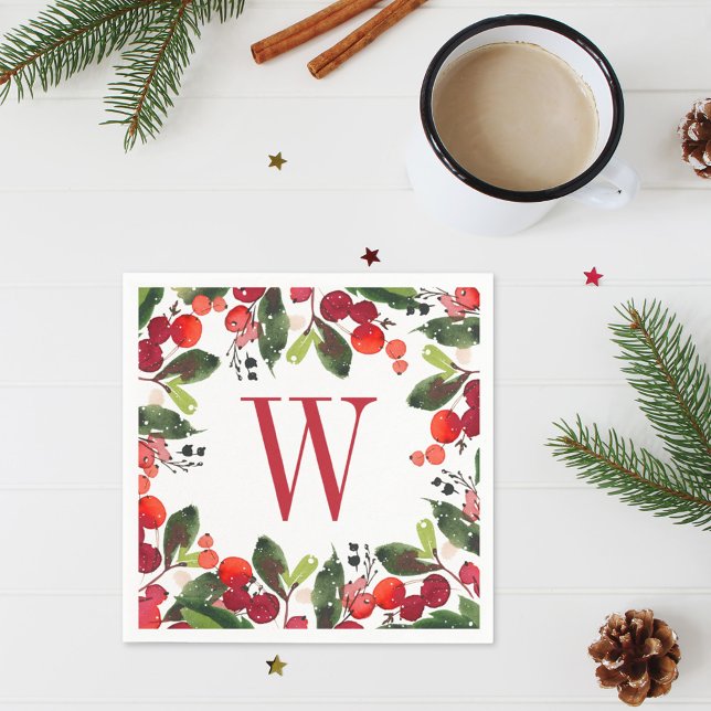 Serviette Jetable Élégante Verdure de Noël Rouge Monogramme Wreath (Créateur téléchargé)