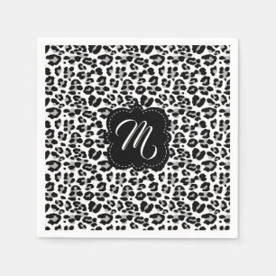 Serviette Jetable Empreinte de léopard noir et blanc avec monogramme