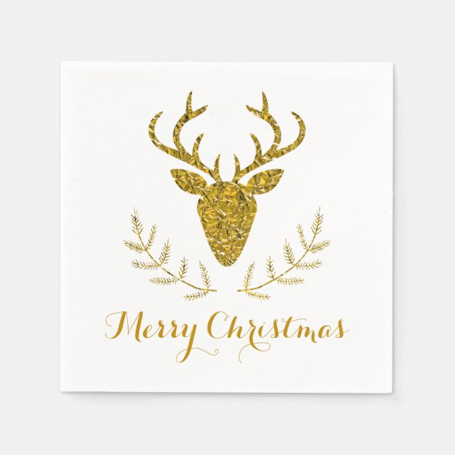 Serviette Jetable Faux Gold Foil Tête de cerf texturé Noël (Devant)