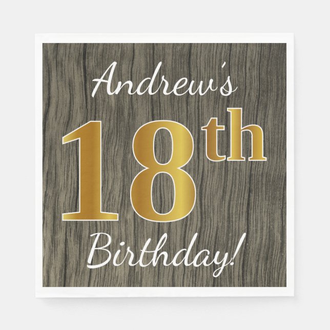 Serviette Jetable Faux Wood, Faux Gold 18e anniversaire + Nom person (Devant)