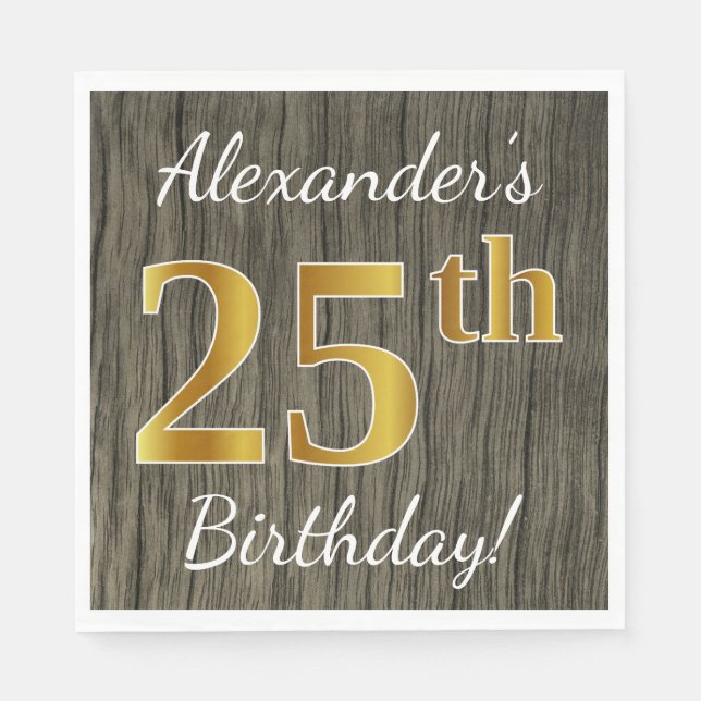 Serviette Jetable Faux Wood, Faux Gold 25e anniversaire + Nom person (Devant)