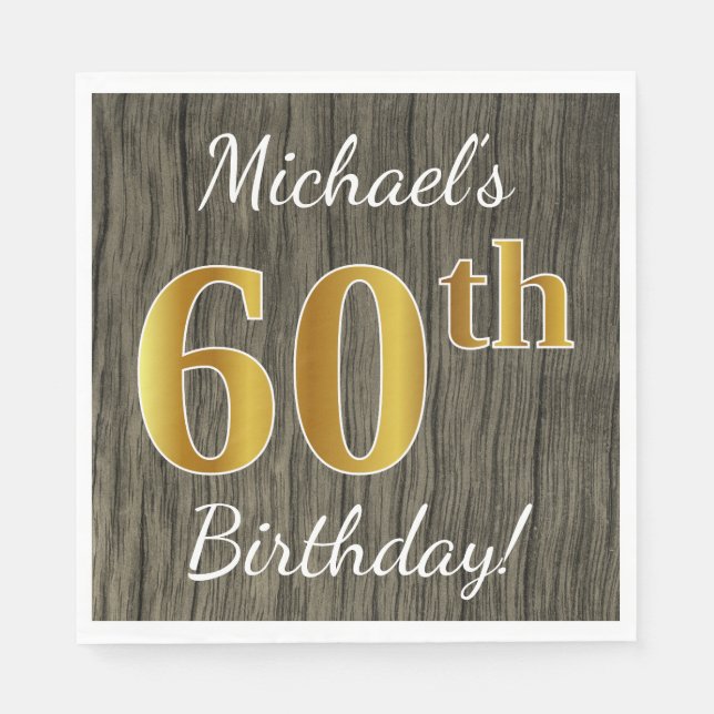 Serviette Jetable Faux Wood, Faux Gold 60e anniversaire + Nom person (Devant)