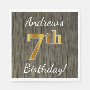 Serviette Jetable Faux Wood, Faux Gold 7e anniversaire + Nom personn