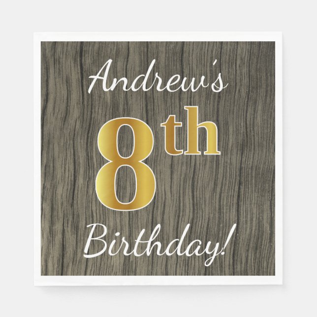 Serviette Jetable Faux Wood, Faux Gold 8e anniversaire + Nom personn (Devant)