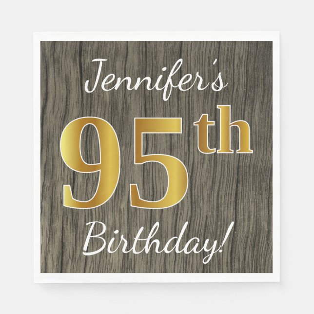 Serviette Jetable Faux Wood, Faux Gold 95e anniversaire + Nom person (Devant)