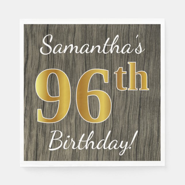 Serviette Jetable Faux Wood, Faux Gold 96e anniversaire + Nom person (Devant)