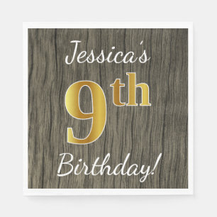 Serviette Jetable Faux Wood, Faux Gold 9e Anniversaire + Nom personn