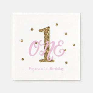 Serviette Jetable Fête d'anniversaire de 1 an pour filles Rose & Or 