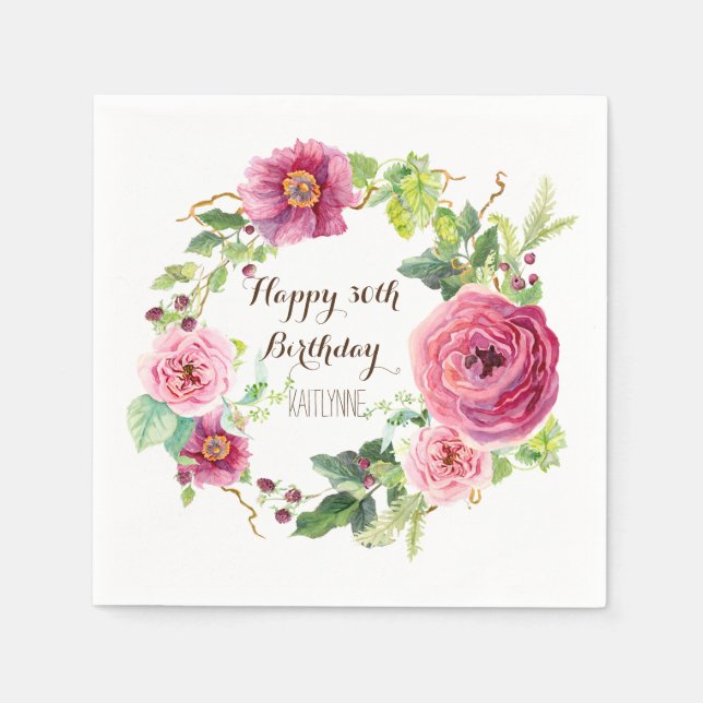 Serviette Jetable Fête d'anniversaire Jolie rose Roses Wreath Modern (Devant)