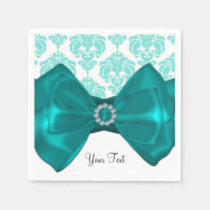 Serviette Jetable Fête Glamour Bow Bling Damassé Blanc & Sarcelle Sw