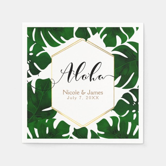 Serviette Jetable Feuilles Tropical Vert foncé Blanc & Mariage Or (Devant)