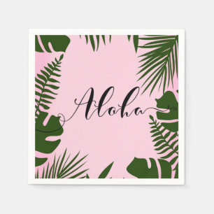 Serviette Jetable Feuilles Vertes Tropicales Roses Plage Été Aloha L