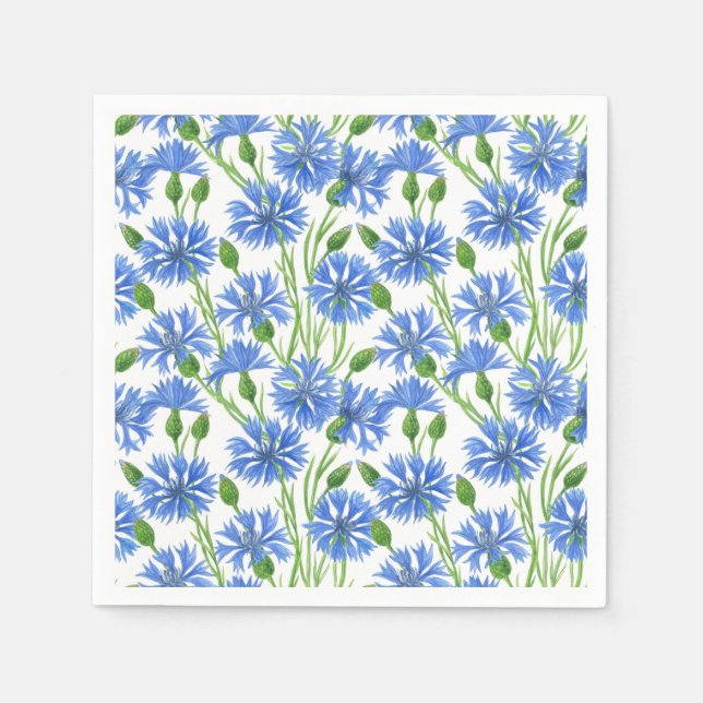 Serviette Jetable Fleurs d'eau bleu, fleurs sauvages sur blanc (Devant)