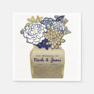Serviette Jetable Fleurs en pot Mason Rustique Bleu Or Floral Mariag