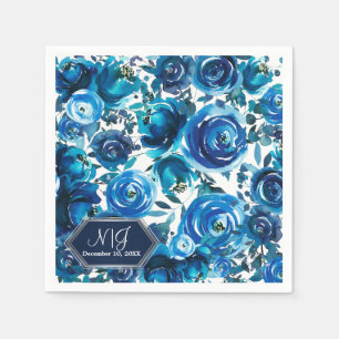 Serviette Jetable Fleurs Florales Indigo Bleu Élégantes Chic Mariage