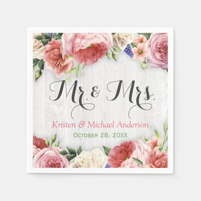 Serviette Jetable Fleurs Roses rustiques Mariage en bois blanc Monog (Devant)