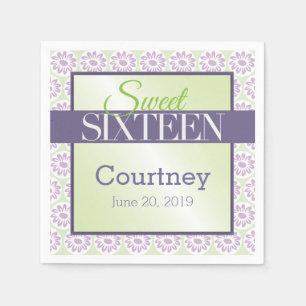 Serviette Jetable Fleurs violettes pour 16 ans sur fond vert