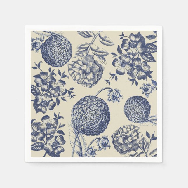 Serviette Jetable Flore d'impression florale de fleurs bleues antiqu (Devant)
