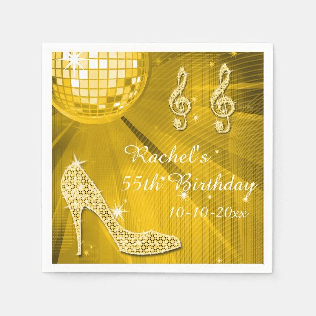 Serviette Jetable Gold Disco Ball and Heels 55e anniversaire (Devant)