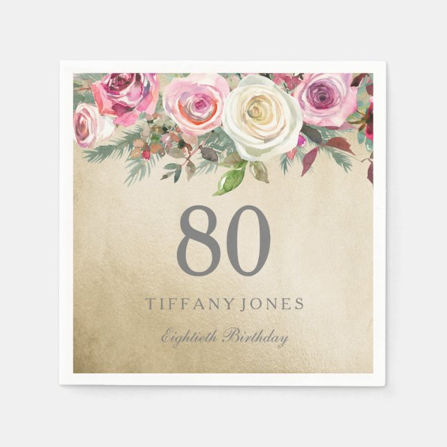 Serviette Jetable Gold Foil Rose rose blanche 80e anniversaire (Devant)