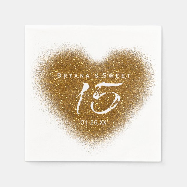 Serviette Jetable Gold Parties scintillant Heart 15 Quinceincera Par (Devant)