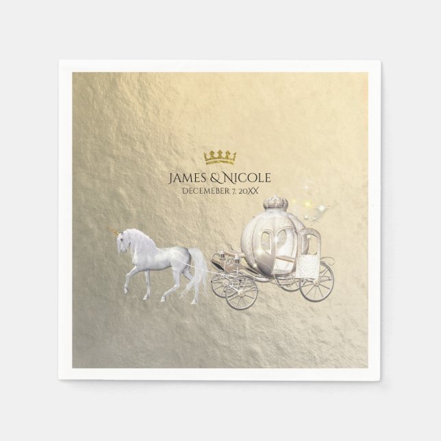 Serviette Jetable Gold Royal Princess Storybook Carriage & Unicorn (Devant)