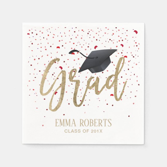 Serviette Jetable Graduation Party moderne Gold Script Red Confetti (Devant)