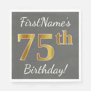 Serviette Jetable Gray, Faux Gold 75e anniversaire + Nom personnalis