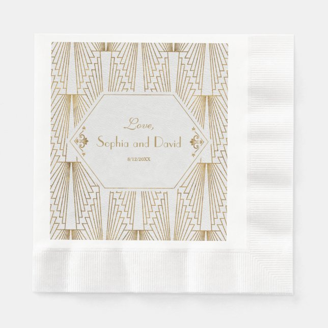 Serviette Jetable Great Gatsby Art Déco Mariage blanc or (Devant)