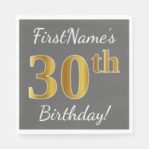 Serviette Jetable Grey, Faux Gold 30th Birthday + Nom personnalisé