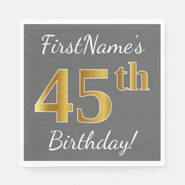 Serviette Jetable Grey, Faux Gold 45e anniversaire + Nom personnalis (Devant)