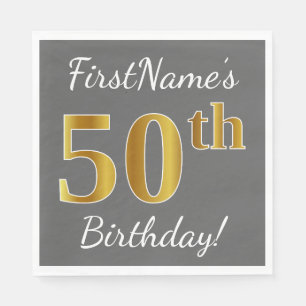 Serviette Jetable Grey, Faux Gold 50th Birthday + Nom personnalisé