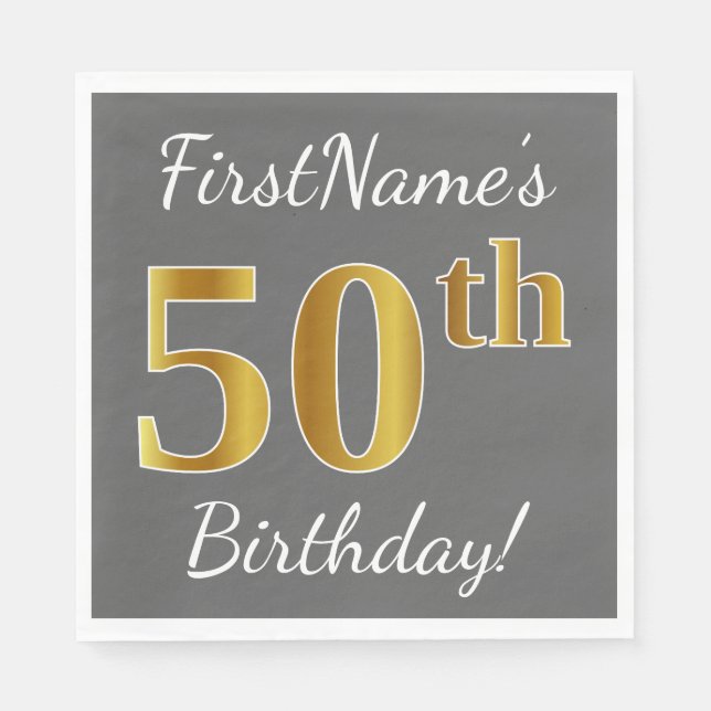Serviette Jetable Grey, Faux Gold 50th Birthday + Nom personnalisé (Devant)