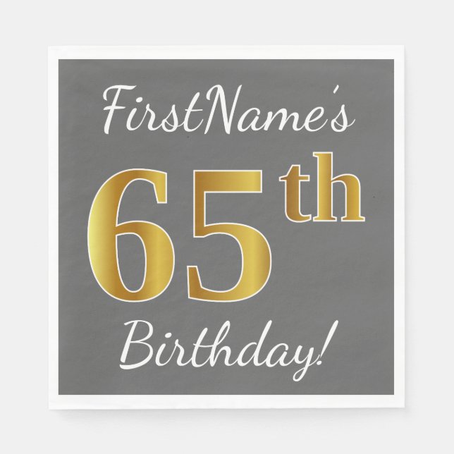 Serviette Jetable Grey, Faux Gold 65e anniversaire + Nom personnalis (Devant)