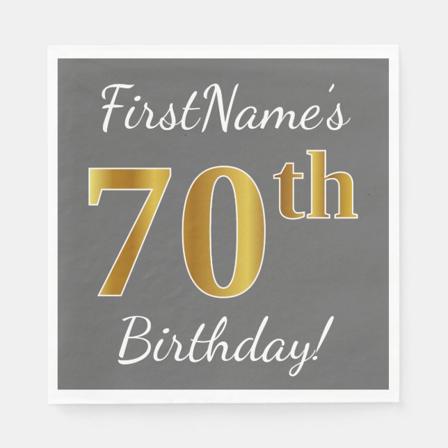 Serviette Jetable Grey, Faux Gold 70e anniversaire + Nom personnalis (Devant)