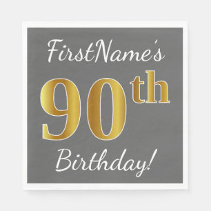 Serviette Jetable Grey, Faux Gold 90e anniversaire + Nom personnalis