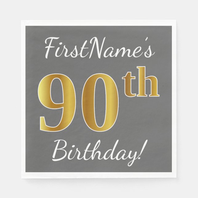 Serviette Jetable Grey, Faux Gold 90e anniversaire + Nom personnalis (Devant)