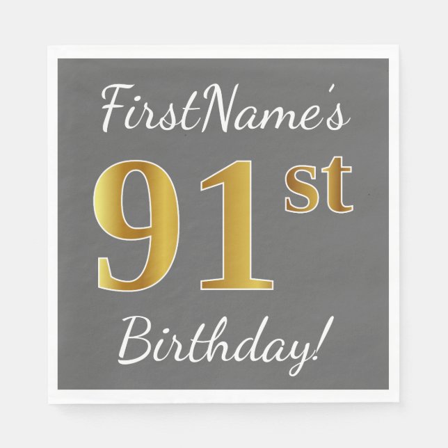 Serviette Jetable Grey, Faux Gold 91e anniversaire + Nom personnalis (Devant)