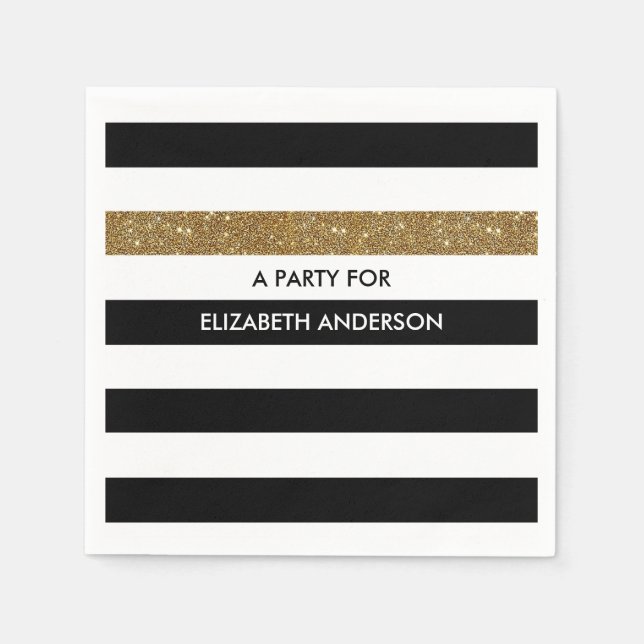 Serviette Jetable Grilles noires modernes FAUX Gold Glitz et nom (Devant)