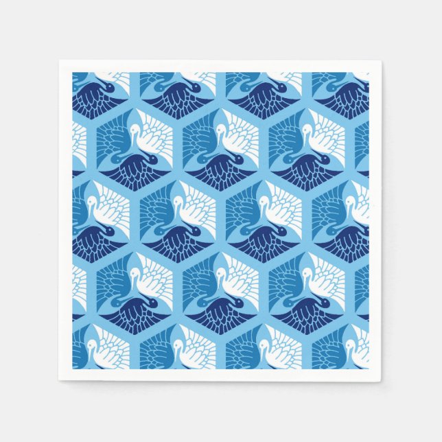 Serviette Jetable Grues japonaises, marine, blanche et bleu clair (Devant)