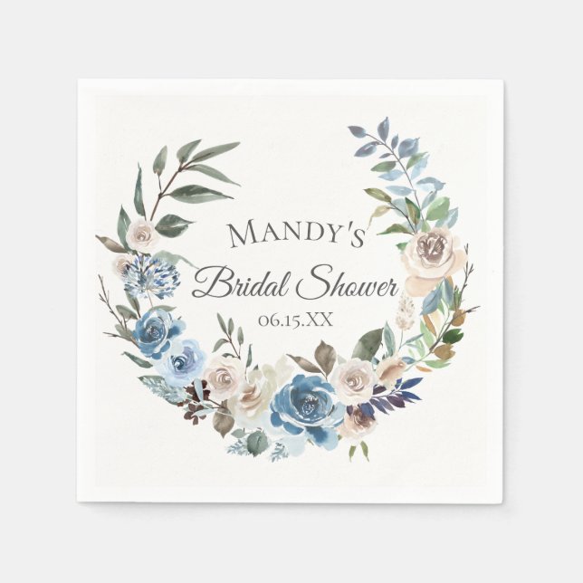 Serviette Jetable Guirlande florale neutre bleu foncé Personnalisée (Devant)