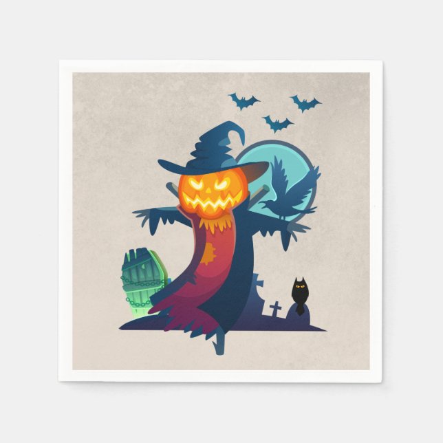 Serviette Jetable Halloween Épouvantail Hanté Avec Chauve-Feu Et Un  (Devant)
