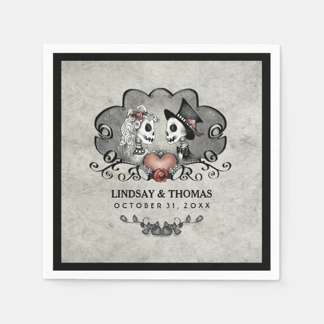 Serviette Jetable Halloween Gris & Noir Skeletons & Mariage de coeur (Devant)
