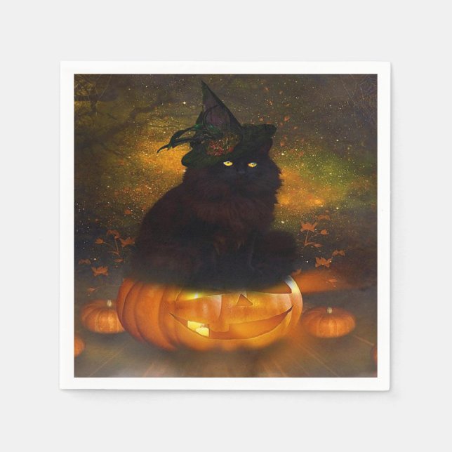 Serviette Jetable Halloween Napkin / Chat noir assis sur le citrouil (Devant)